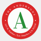 Sticker Rond Noël Rouge Blanc Vert Monogramme Adresse de retour (Devant)