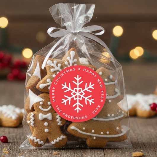 Sticker Rond Noël Rouge et Blanc Flocon de Neige Fêtes d'Hiver