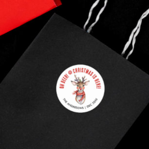 Sticker Rond Noël Rouge Et Blanc Très Mignons Rudolph Reindeer