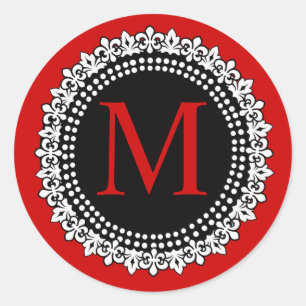 Sticker Rond Noël Rouge Monogramme M Fleur de lis Mariage