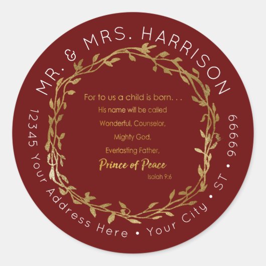 Sticker Rond Noël Rouge n Or Écriture chrétienne Adresse (Devant)