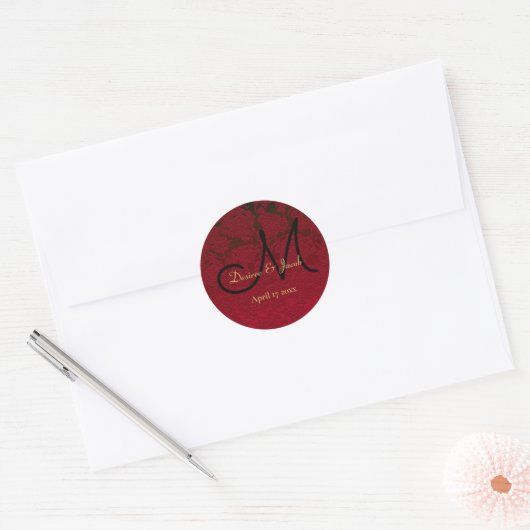 Sticker Rond Noël Rouge Or Noir Mariage d'hiver Monogramme (Enveloppe)