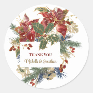 Sticker Rond Noël Rouge Poinsettia Merci personnalisé