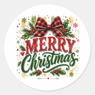 Sticker Rond Noël ruban carreauté joyeux