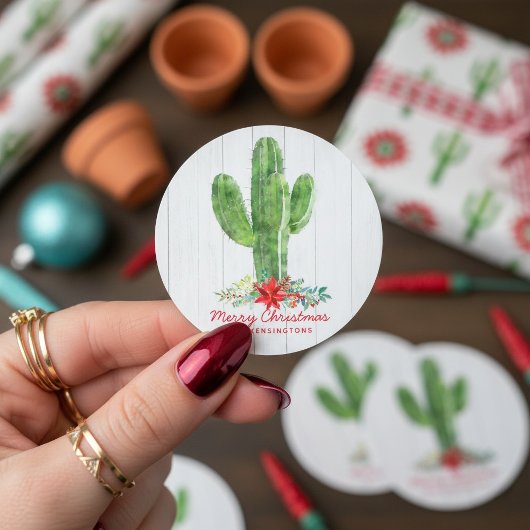 Sticker Rond Noël rustique Cactus White Wood Holiday