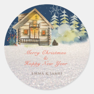 Sticker Rond Noël rustique de la veille Cabane en rondins Forêt