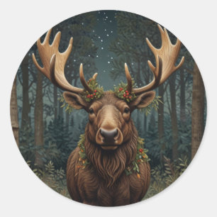 Sticker Rond Noël rustique élan cerf boho forêt boisée 