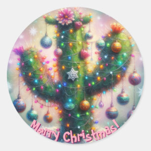 Sticker Rond Noël Saguaro Cactus Whimsical Snowflakes