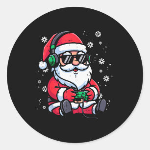 Sticker Rond Noël Santa Joueur Drôle Xmas Vidéo Jeux Hommes