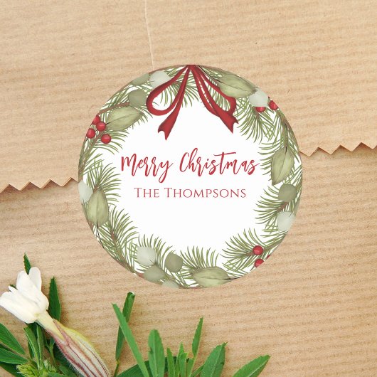 Sticker Rond Noël Simple Red Holly Berries Pine Wreath