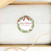 Sticker Rond Noël Simple Red Holly Berries Pine Wreath