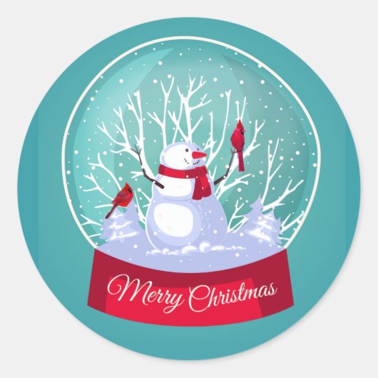 Sticker Rond Noël Snowglobe Snowman Cardinal Oiseaux rouges (Devant)
