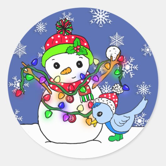 Sticker Rond Noël Snowman et Oiseau bleu neige (Devant)