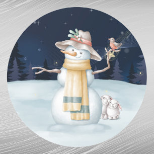 Sticker Rond Noël Snowman Rabbit Casquette Aquarelle