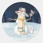 Sticker Rond Noël Snowman Rabbit Casquette Aquarelle (Devant)