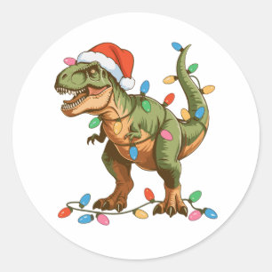 Sticker Rond Noël T Rex Dinosaur Xmas Dino Tyrannosaurus
