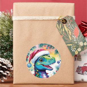 Sticker Rond Noël T-Rex Père Noël souriant