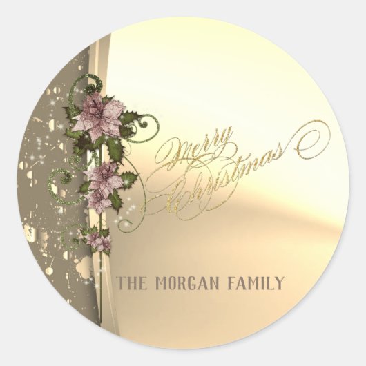 Sticker Rond Noël tendance, Faux Gold, Poinsettia (Devant)