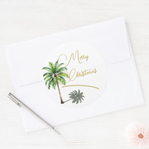 Sticker Rond Noël Tropical Palm Tree Gold Joyeux
