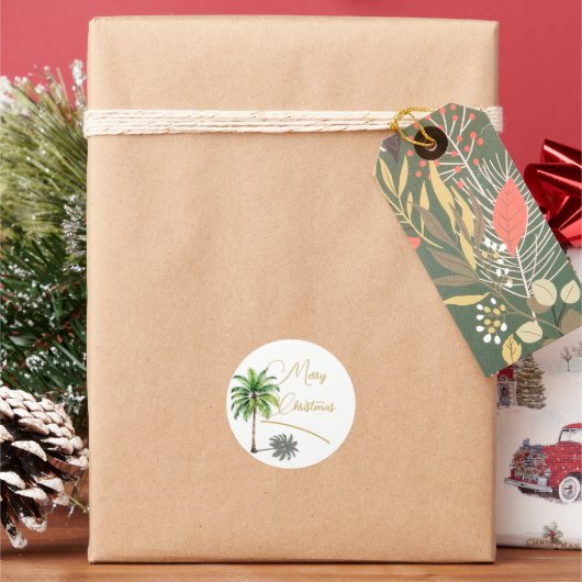 Sticker Rond Noël Tropical Palm Tree Gold Joyeux (vacances)