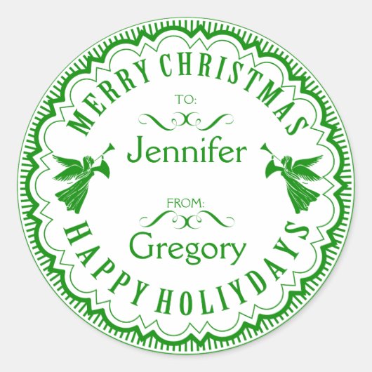 Sticker Rond Noël Typographique Vert & Blanc Avec Anges (Devant)