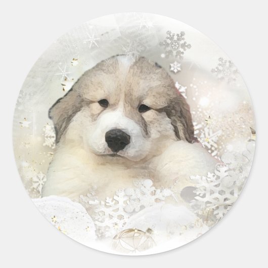 Sticker Rond Noël Vacances Great Pyrenees Pup Aquarelle (Devant)