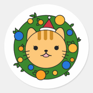Sticker Rond Noël Vacances Wreath Orange Chat Favoriser
