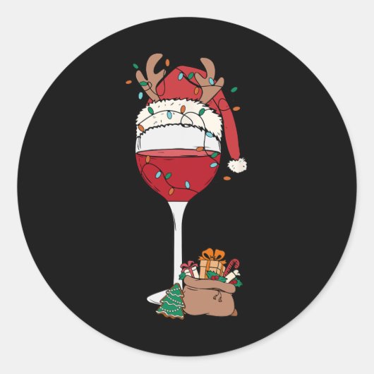 Sticker Rond Noël Verre rouge Vin Santa Hat Reindeer Fun Xm (Devant)