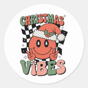Sticker Rond Noël Vibes Sourire Visage Chapeau de Père Noël Xma