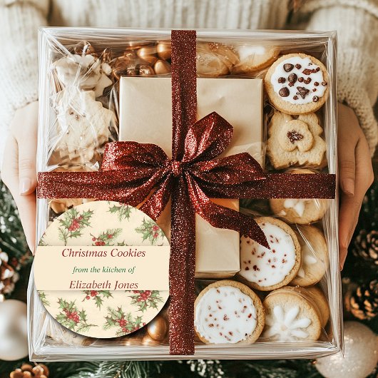 Sticker Rond Noël Vintage, baies Holly, Custom