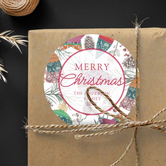 Sticker Rond Noël vintage botanique rouge joyeux