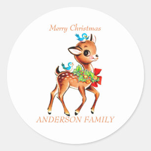 Sticker Rond Noël Vintage cerf Fawn avec des oiseaux sur la têt