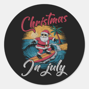 Sticker Rond Noël Vintage en Juillet Santa Hawaïen Surf S