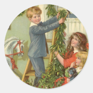 Sticker Rond Noël vintage, enfants victoriens décorant