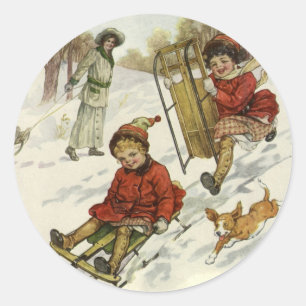 Sticker Rond Noël Vintage, Enfants Victoriens Dormir Chien
