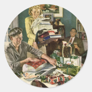 Sticker Rond Noël vintage, famille heureuse emballant des cadea
