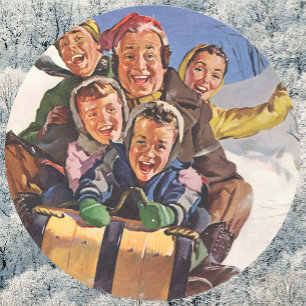 Sticker Rond Noël vintage, famille heureuse faisant de la luge