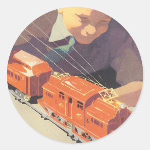 Sticker Rond Noël vintage, garçon jouant avec des trains jouets