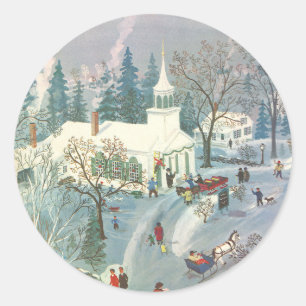Sticker Rond Noël vintage, gens allant à l'église dans la neige