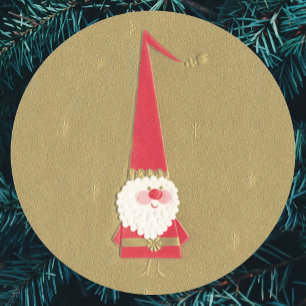 Sticker Rond Noël vintage, Gnome Père Noël mignon sur fond doré