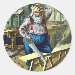 Sticker Rond Noël Vintage, Jouets du bâtiment du Père Noël Vêtu