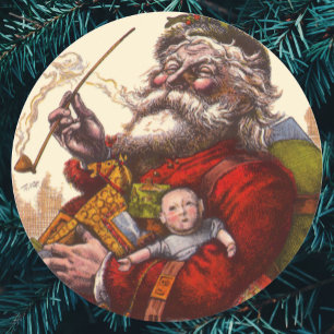 Sticker Rond Noël vintage, jouets en pipe de Père Noël victorie
