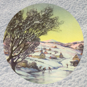 Sticker Rond Noël Vintage, Lac gelé avec patineurs sur glace