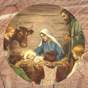 Sticker Rond Noël Vintage, Nativité Religieuse avec Bébé Jésus