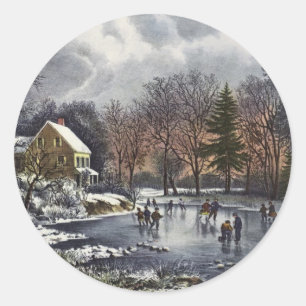 Sticker Rond Noël Vintage, Patins d'hiver précoce sur un étang