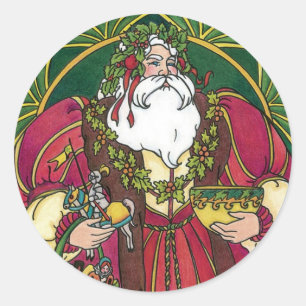 Sticker Rond Noël vintage, Père Noël avec feuilles de houx