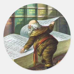 Sticker Rond Noël vintage, Père Noël Liste des enfants sages et