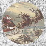 Sticker Rond Noël vintage, Père Noël victorien à Sleigh<br><div class="desc">Illustration vintage Victorian Joyeux Noël design avec le Père Noël dans son traîneau avec ses rennes livrant des jouets le soir de Noël. Saint Nicolas vole à travers le ciel au-dessus d'une ville avec des maisons à la lumière de la lune. Par Thomas Nast.</div>