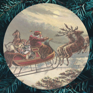 Sticker Rond Noël vintage, Père Noël victorien à Sleigh