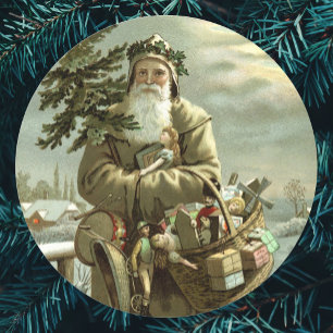Sticker Rond Noël vintage, Père Noël victorien avec des jouets